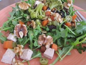 Vegan Arugula Salad with walnut, tofu, jalepeno